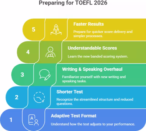 Preparing for TOEFL 2026: Faster Results. Understandable Scores. Writing & Speaking Overhaul. Shorter Test. Adaptive Test Format.